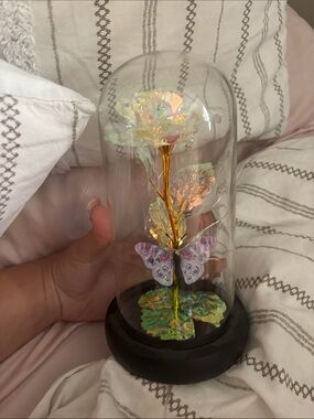 Iridescent Glass Dome Rose Sculpture with Gold Stem and Butterfly Accent